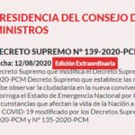 El Ejecutivo publicó el Decreto Supremo n° 139-2020-PCM que establece las nueva medidas para hacer frente a la pandemia